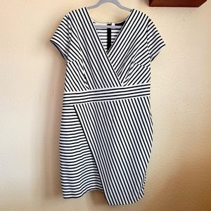 Lane Bryant Women's Size 18 2X Plus White Black Diagonal Stripe Faux Wrap Dress